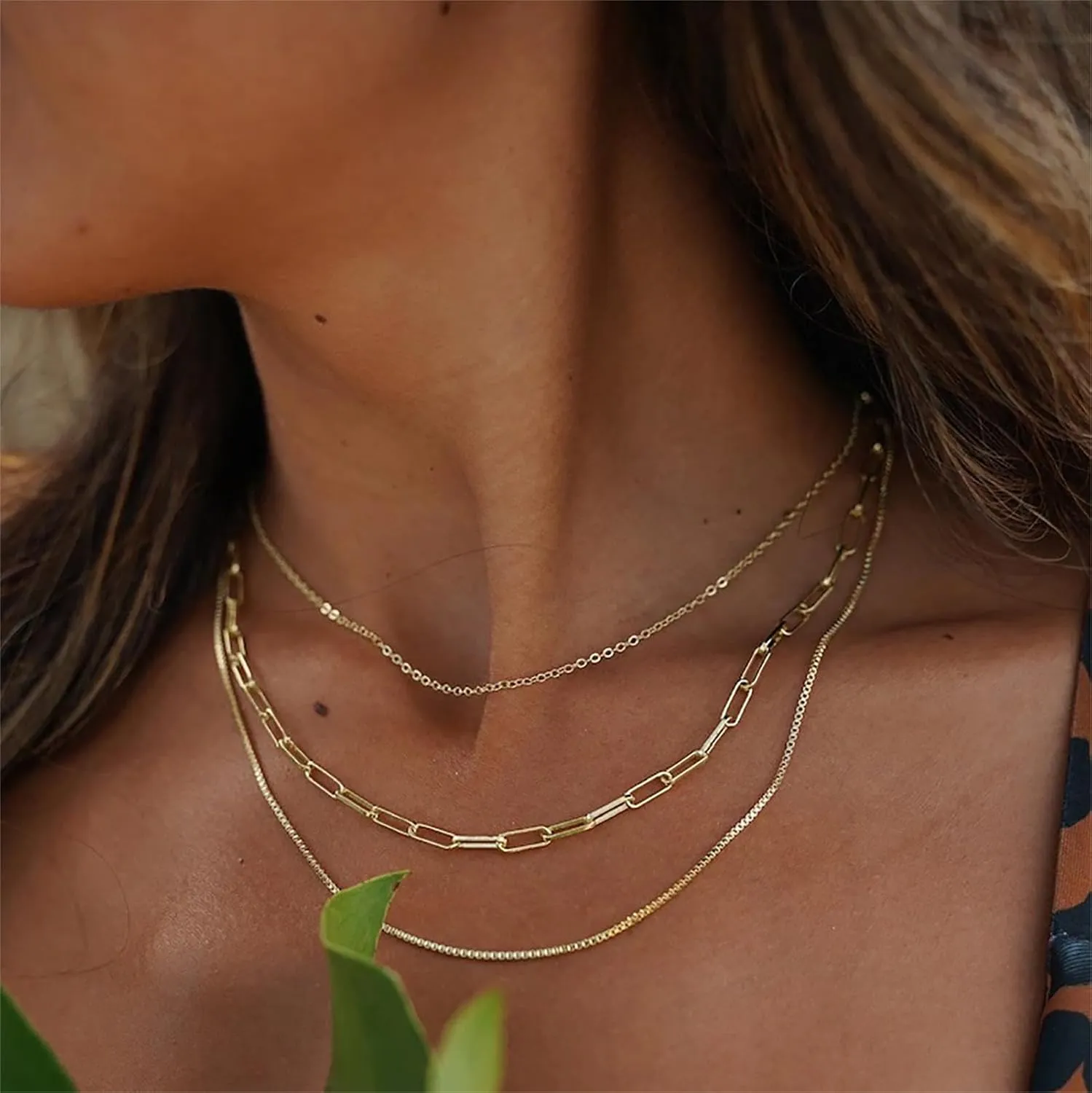 VIROMY Dainty Gold Necklace for Women 14K Gold Plated Layered Satellite Necklaces Trible Layering Paper Clip Chain Link Necklace Everyday Jewelry