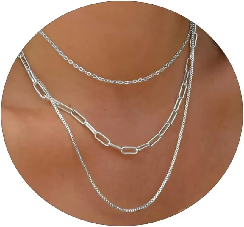 VIROMY Dainty Gold Necklace for Women 14K Gold Plated Layered Satellite Necklaces Trible Layering Paper Clip Chain Link Necklace Everyday Jewelry