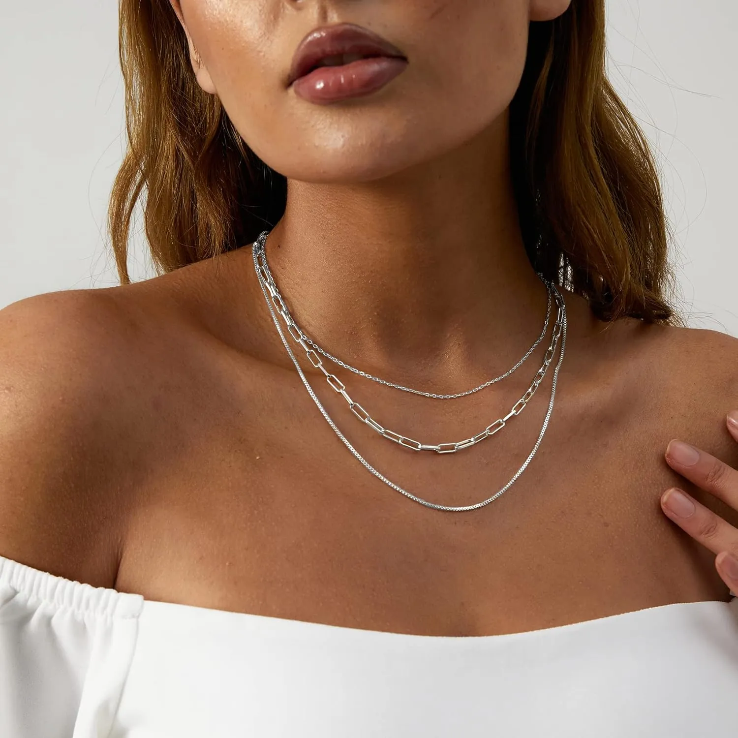 VIROMY Dainty Gold Necklace for Women 14K Gold Plated Layered Satellite Necklaces Trible Layering Paper Clip Chain Link Necklace Everyday Jewelry