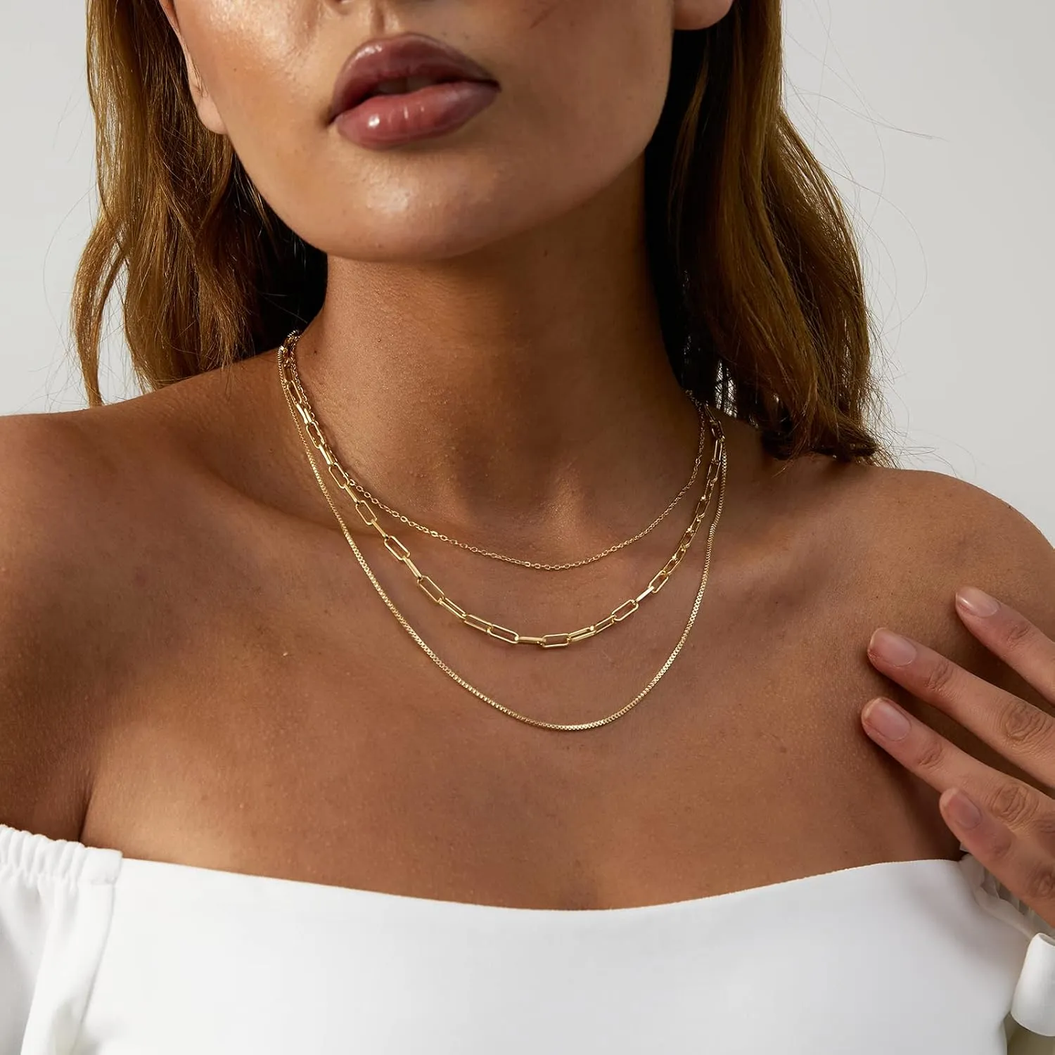 VIROMY Dainty Gold Necklace for Women 14K Gold Plated Layered Satellite Necklaces Trible Layering Paper Clip Chain Link Necklace Everyday Jewelry