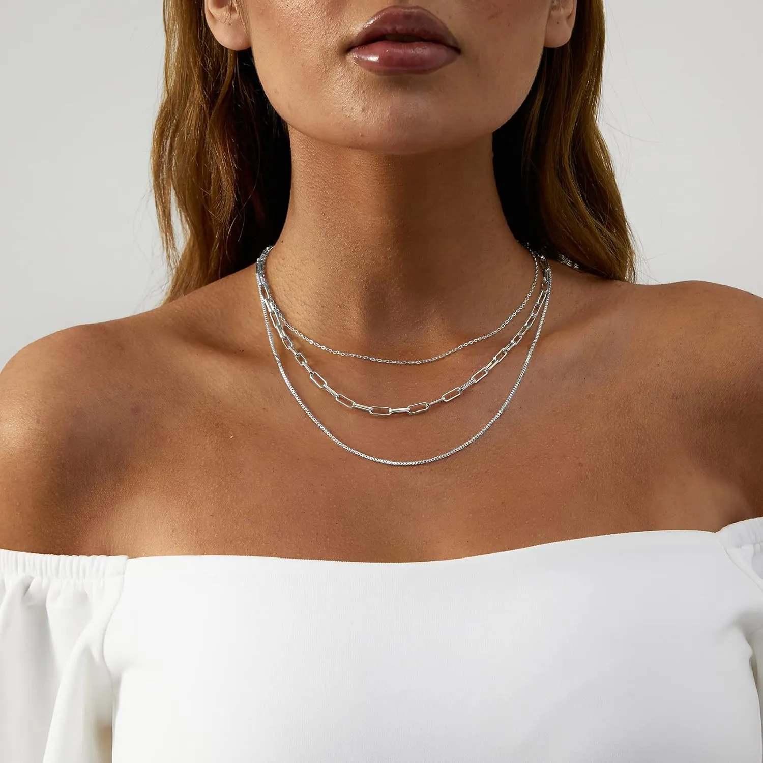 VIROMY Dainty Gold Necklace for Women 14K Gold Plated Layered Satellite Necklaces Trible Layering Paper Clip Chain Link Necklace Everyday Jewelry