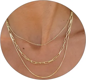 VIROMY Dainty Gold Necklace for Women 14K Gold Plated Layered Satellite Necklaces Trible Layering Paper Clip Chain Link Necklace Everyday Jewelry