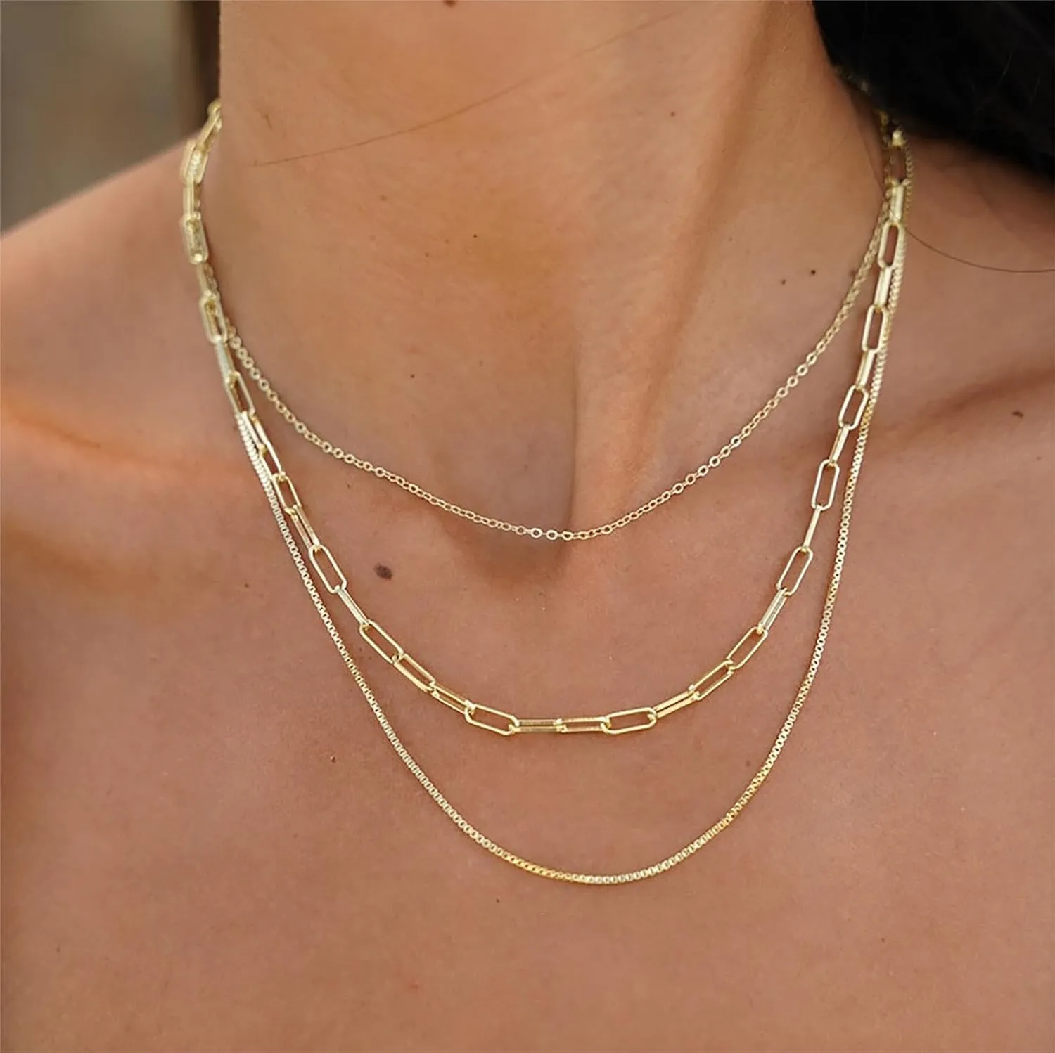VIROMY Dainty Gold Necklace for Women 14K Gold Plated Layered Satellite Necklaces Trible Layering Paper Clip Chain Link Necklace Everyday Jewelry