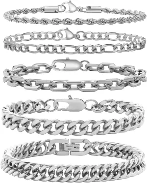 VNOX 5PCS Silver Bracelet for Women Trendy, Solid Cute Simple Chunky Stackable Stainless Steel Rope/Figaro/Paperclip/Cuban Link Chain Bracelets Set,6.5 Inches