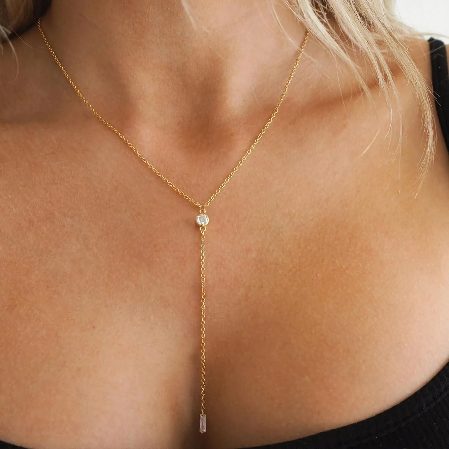 VRIUA Gold Necklace for Women, Dainty Gold Necklace 14K Gold Plated Lariat Pearl Y-Shaped Necklace Layered Bead Chain Diamond Drop Necklaces Minimalist Jewelry for Women