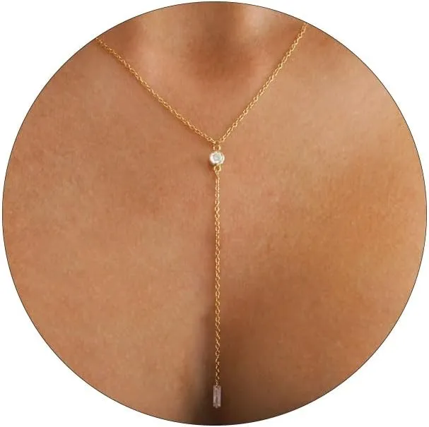 VRIUA Gold Necklace for Women, Dainty Gold Necklace 14K Gold Plated Lariat Pearl Y-Shaped Necklace Layered Bead Chain Diamond Drop Necklaces Minimalist Jewelry for Women