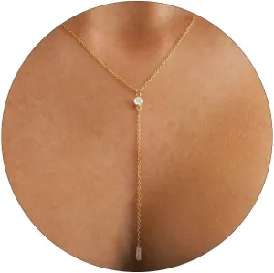 VRIUA Gold Necklace for Women, Dainty Gold Necklace 14K Gold Plated Lariat Pearl Y-Shaped Necklace Layered Bead Chain Diamond Drop Necklaces Minimalist Jewelry for Women