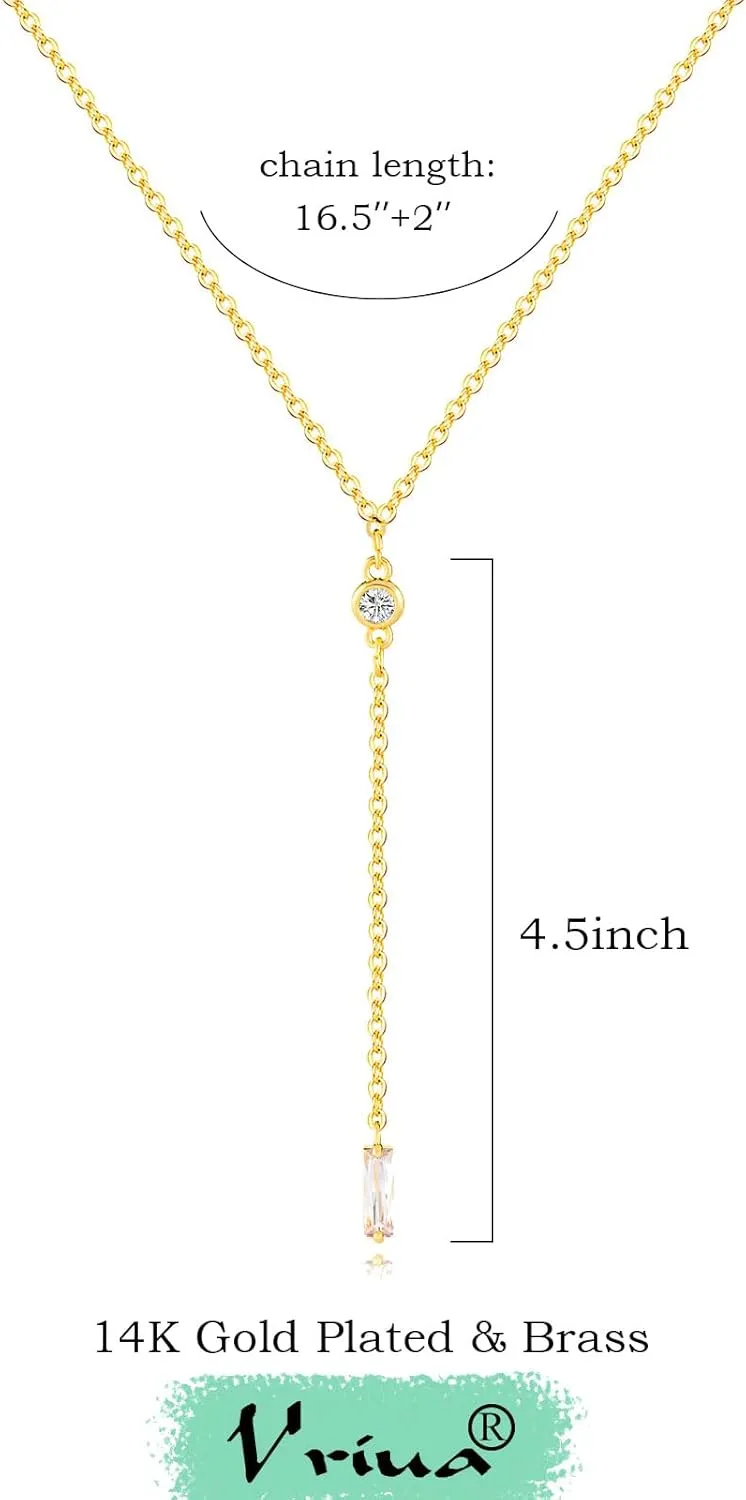 VRIUA Gold Necklace for Women, Dainty Gold Necklace 14K Gold Plated Lariat Pearl Y-Shaped Necklace Layered Bead Chain Diamond Drop Necklaces Minimalist Jewelry for Women