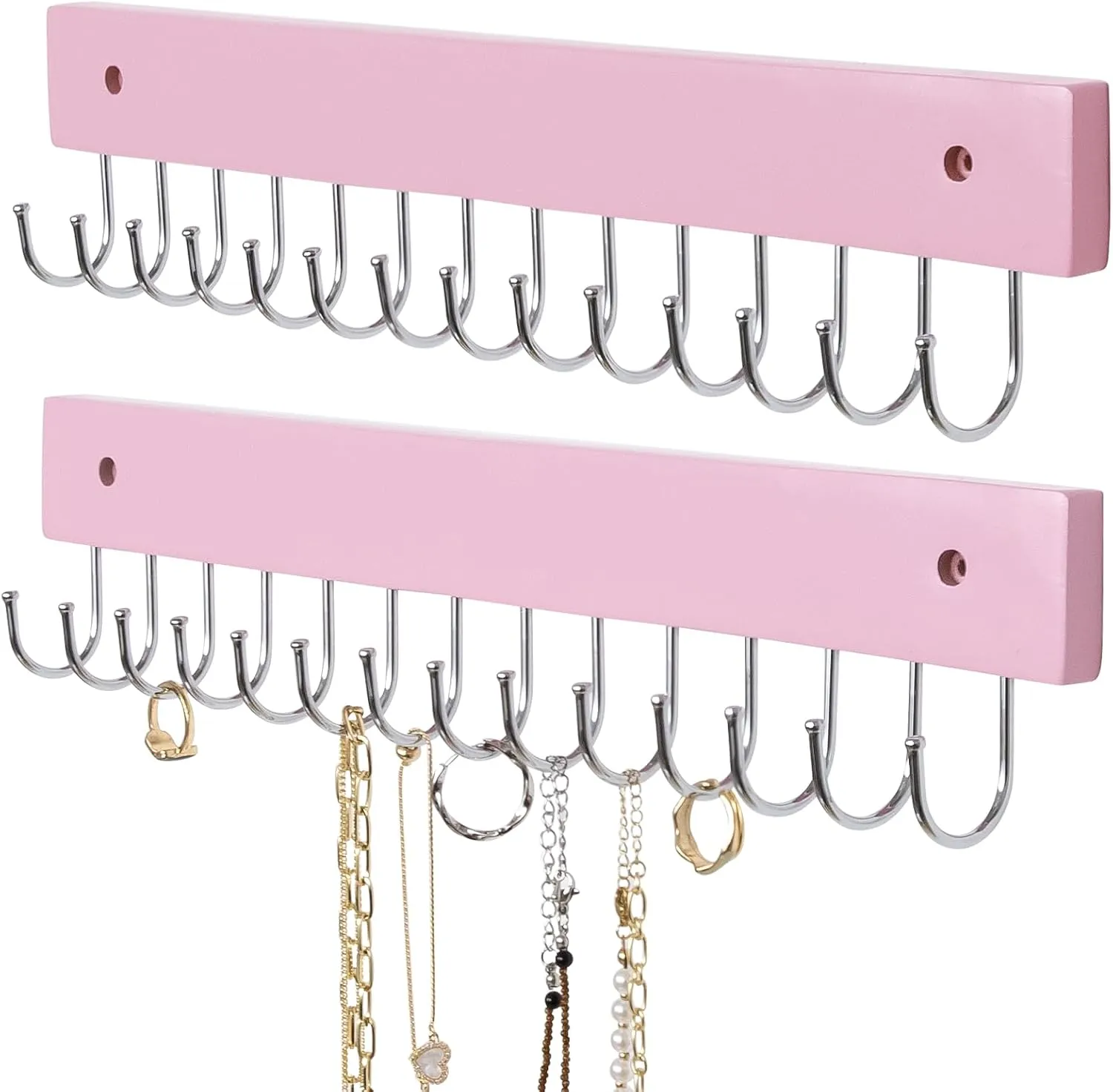 Wall Mounted Necklace Holder, Morden Style Necklace Holder, Tangle Free Wall Jewelry Organizer with 28 Hooks(2 Packs,Pink)