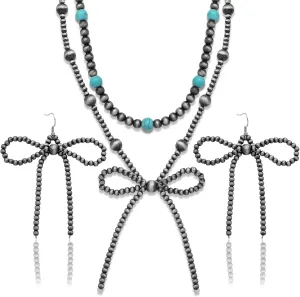 Western Jewelry Navajo Pearl Necklace and Bow Dangling Earrings Set for Women Handmade Beaded Vintage Bohemian Choker Turquoise Navajo Pearls Jewelry for Cowgirl Country Concert Gifts