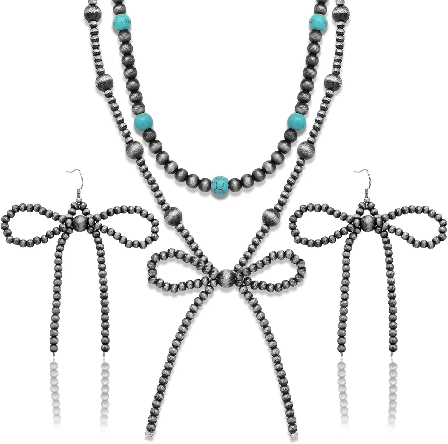 Western Jewelry Navajo Pearl Necklace and Bow Dangling Earrings Set for Women Handmade Beaded Vintage Bohemian Choker Turquoise Navajo Pearls Jewelry for Cowgirl Country Concert Gifts