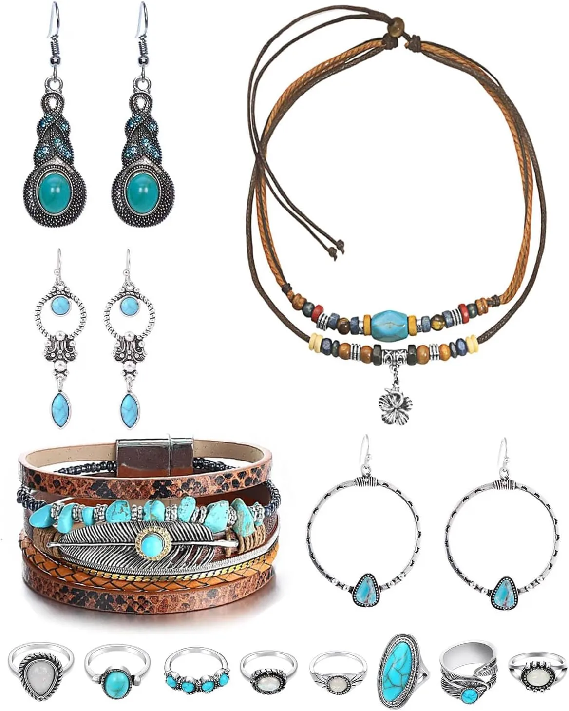 Western Jewelry Set for Women - Bohemian Turquoise Pendant Choker, Faux Leather Cuff Bracelet, Hoop Dangle Earrings, Opal Joint Knuckle Rings