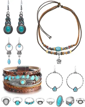 Western Jewelry Set for Women - Bohemian Turquoise Pendant Choker, Faux Leather Cuff Bracelet, Hoop Dangle Earrings, Opal Joint Knuckle Rings