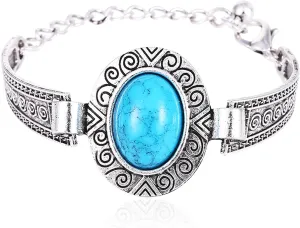 Western National Style Vintage Turquoise Bracelet Silver Turquoise Bangle Western Jewelry for Women (MYZU-5-elliptic)