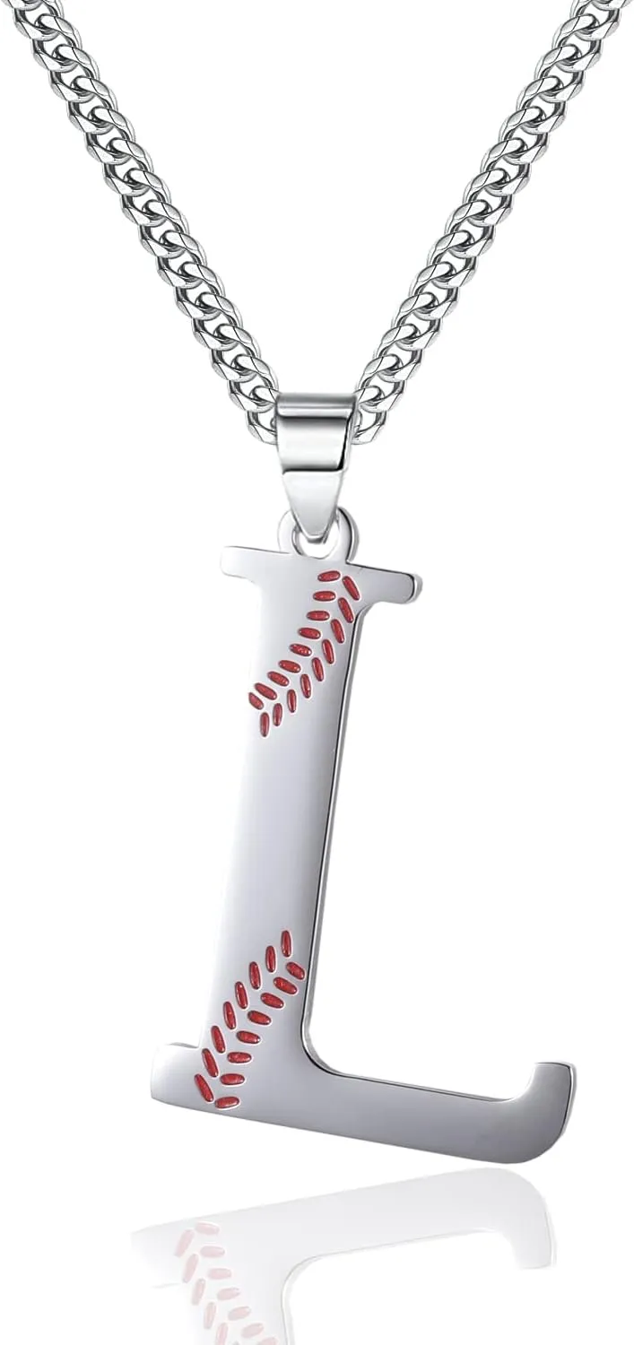 WIGERLON Baseball Gifts- Baseball Initial Necklaces A-Z for Women and Men,Titanium Stainless Steel Letter Pendant Necklace