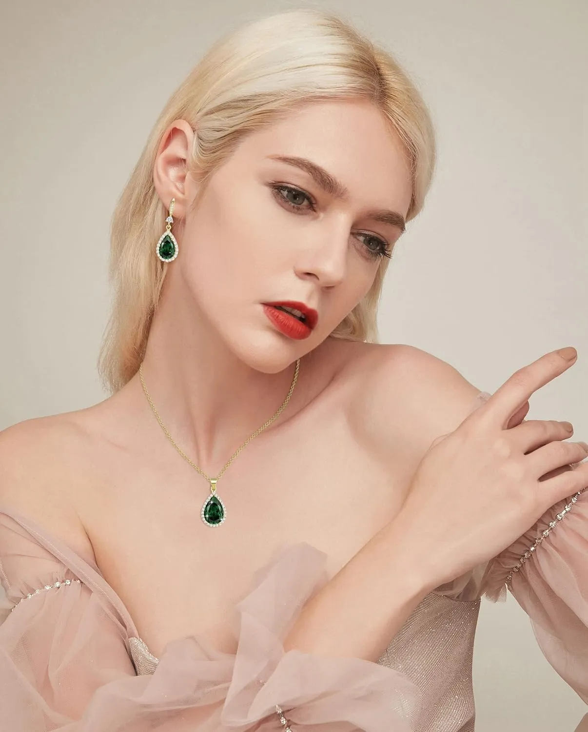 Women Jewelry Set Silver/Gold Plated Teardrop Pendant Necklace Dangle Drop Earrings Dangling Sets Birthstone Crystals Rhinestone,Birthday Anniversary Wedding Mothers Day Gifts for Women