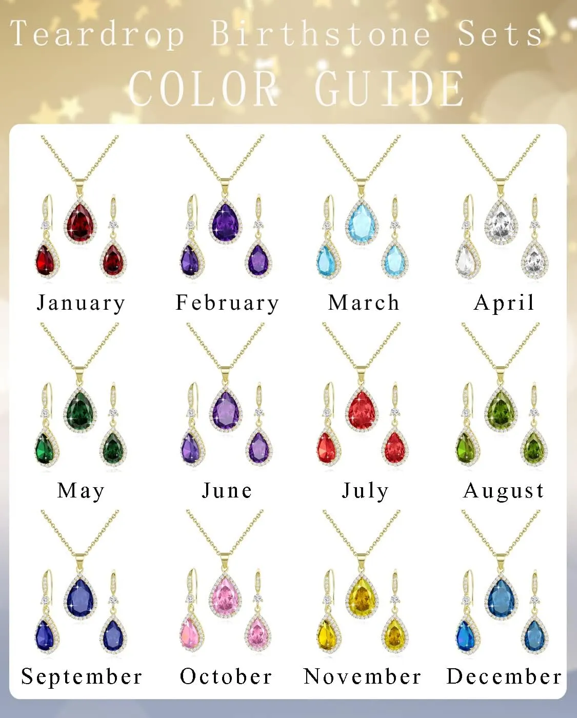 Women Jewelry Set Silver/Gold Plated Teardrop Pendant Necklace Dangle Drop Earrings Dangling Sets Birthstone Crystals Rhinestone,Birthday Anniversary Wedding Mothers Day Gifts for Women