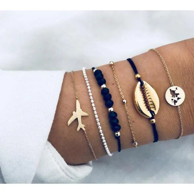 Women Multi-layers Gold Silver Colour Beads Sequins Set Bracelets