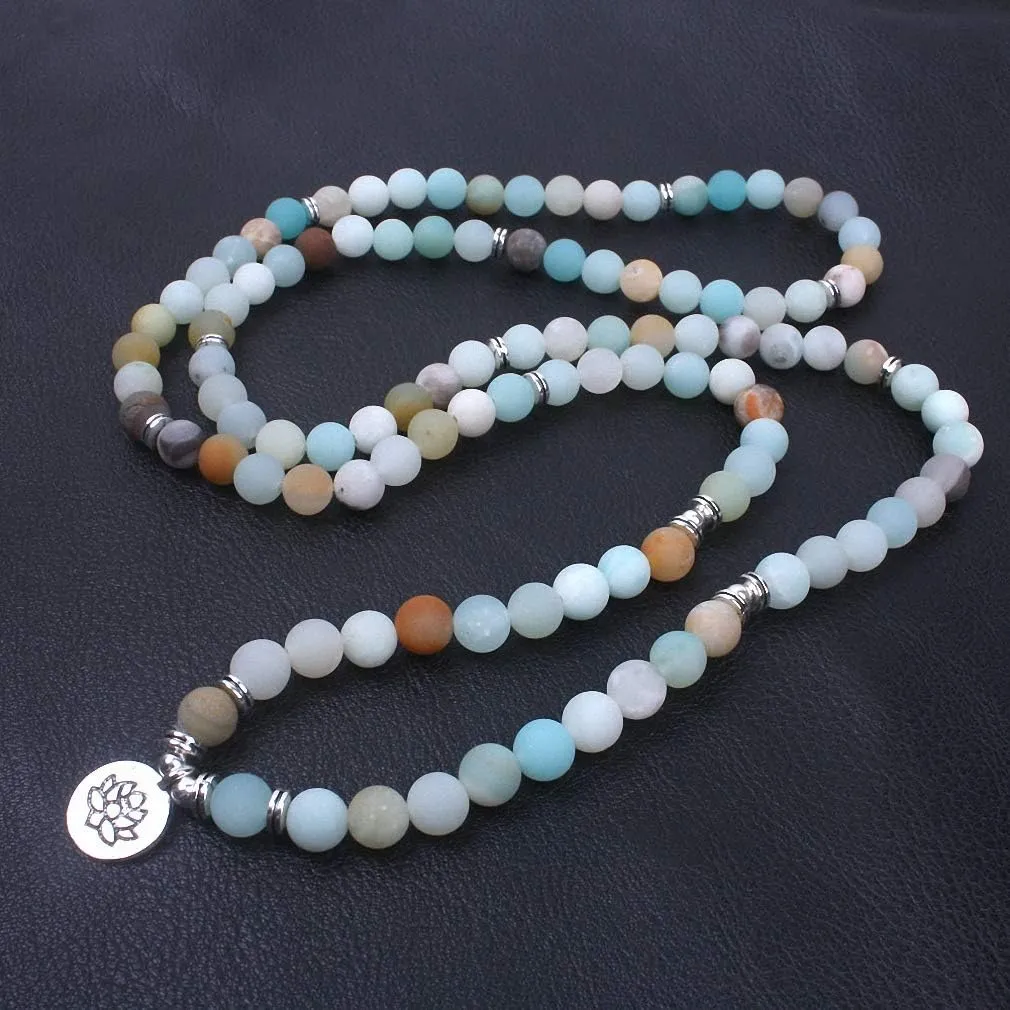 Womens Fashion Women's Bracelet Matte Frosted Amazonite Beads with Lotus Om Buddha Charm Yoga Bracelet 108 Mala Necklace