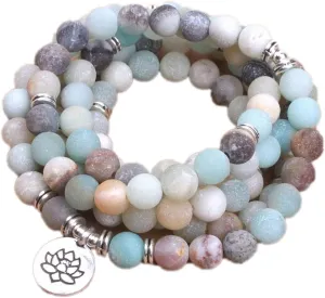 Womens Fashion Women's Bracelet Matte Frosted Amazonite Beads with Lotus Om Buddha Charm Yoga Bracelet 108 Mala Necklace