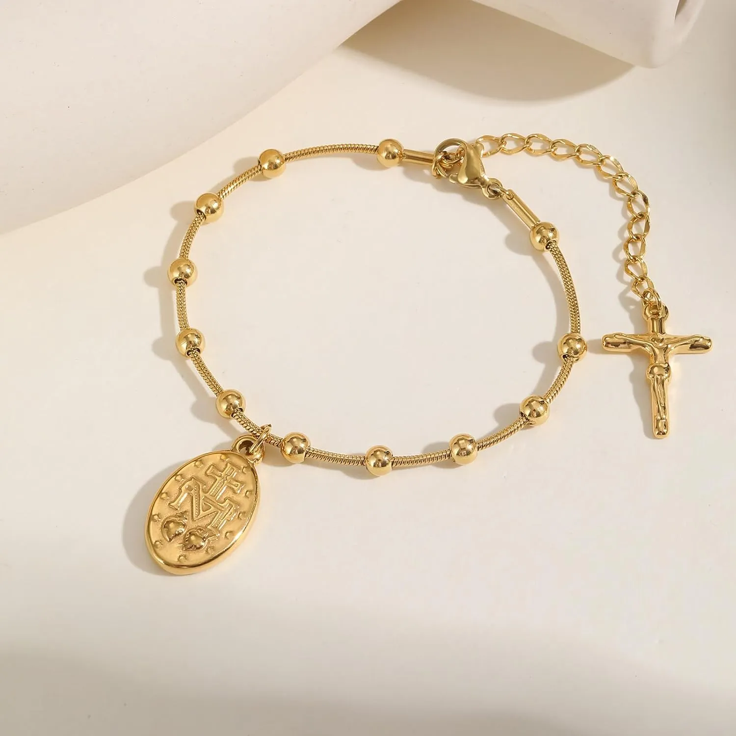 Women's Gold Virgin Mary Bracelet - 14k Gold Plated Rosary Bead Cross Bracelets,Hypoallergenic Non Tarnish Gold Religious Baptism Dainty Virgen de Guadalupe Bracelets,Catholic Jewelry Gifts for Her