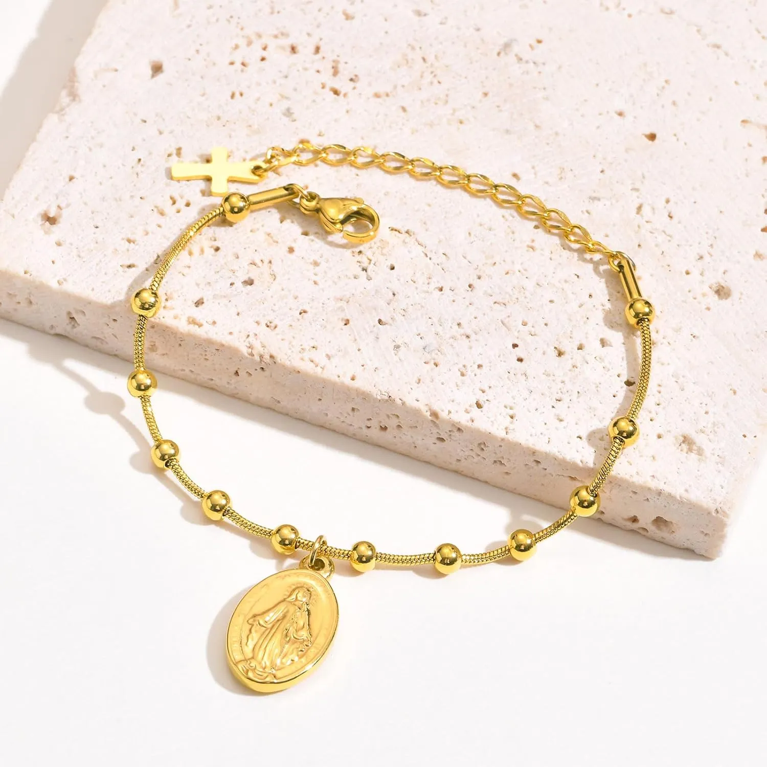 Women's Gold Virgin Mary Bracelet - 14k Gold Plated Rosary Bead Cross Bracelets,Hypoallergenic Non Tarnish Gold Religious Baptism Dainty Virgen de Guadalupe Bracelets,Catholic Jewelry Gifts for Her