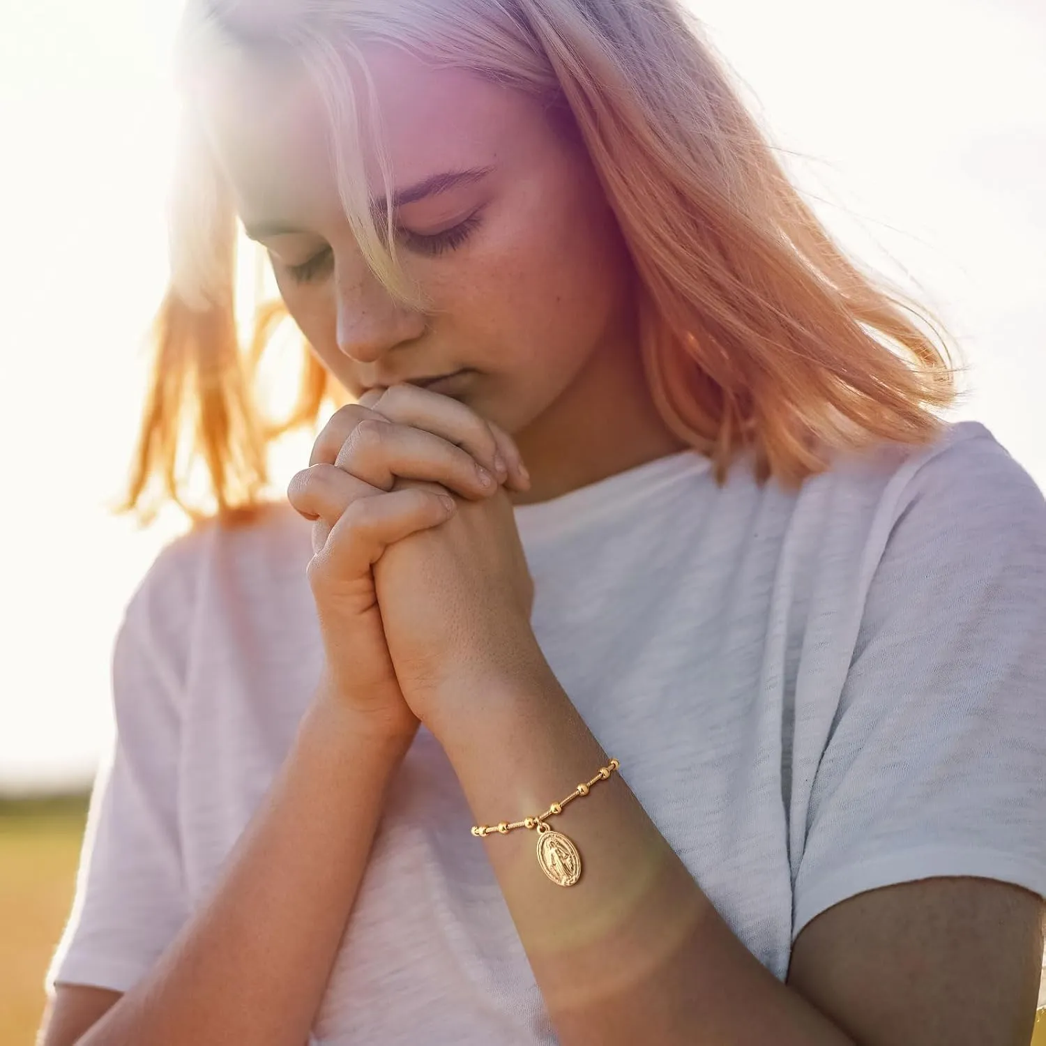 Women's Gold Virgin Mary Bracelet - 14k Gold Plated Rosary Bead Cross Bracelets,Hypoallergenic Non Tarnish Gold Religious Baptism Dainty Virgen de Guadalupe Bracelets,Catholic Jewelry Gifts for Her