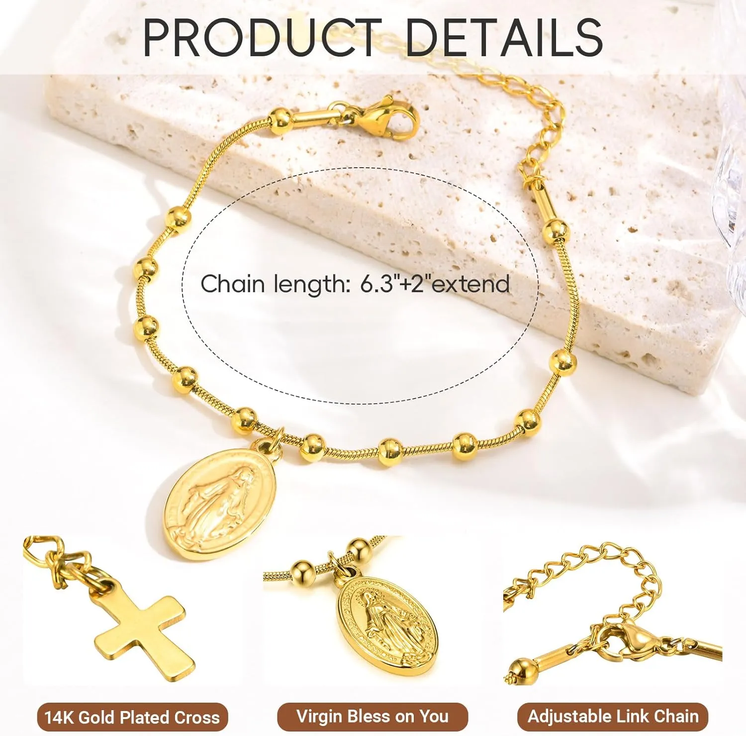 Women's Gold Virgin Mary Bracelet - 14k Gold Plated Rosary Bead Cross Bracelets,Hypoallergenic Non Tarnish Gold Religious Baptism Dainty Virgen de Guadalupe Bracelets,Catholic Jewelry Gifts for Her