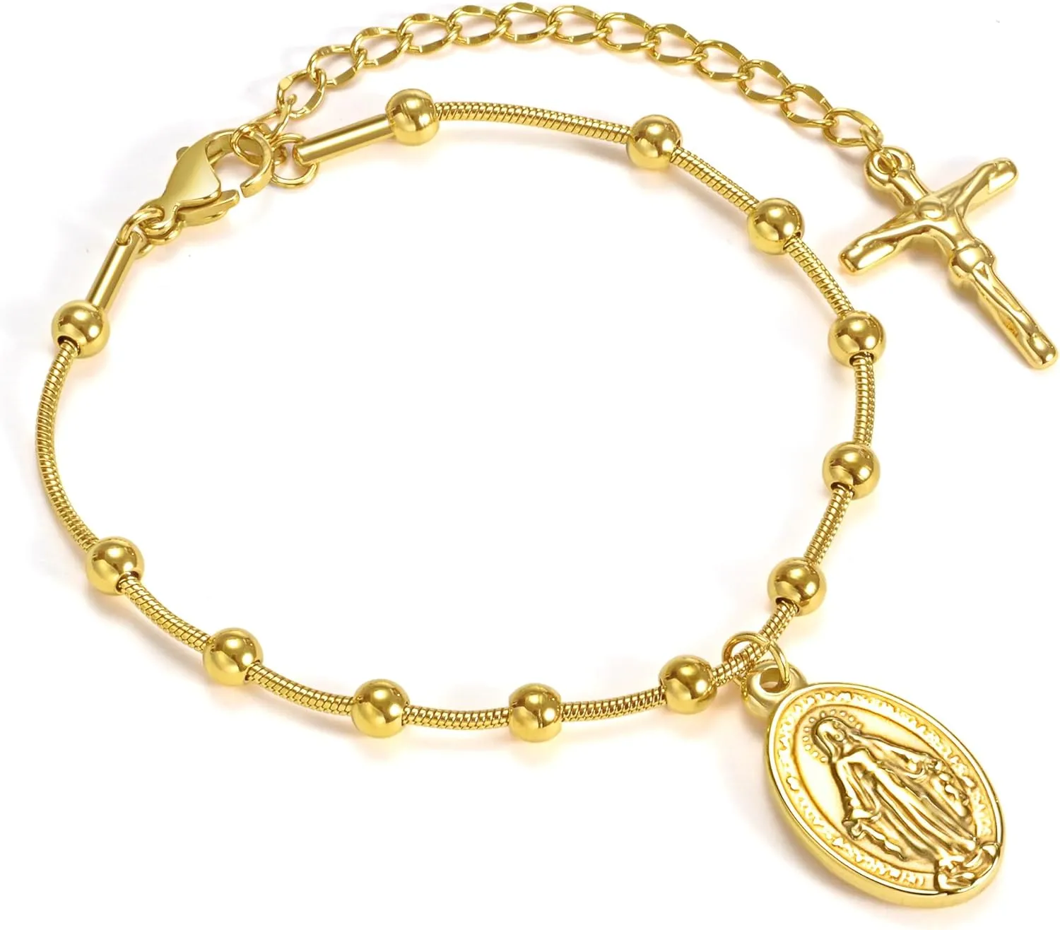 Women's Gold Virgin Mary Bracelet - 14k Gold Plated Rosary Bead Cross Bracelets,Hypoallergenic Non Tarnish Gold Religious Baptism Dainty Virgen de Guadalupe Bracelets,Catholic Jewelry Gifts for Her