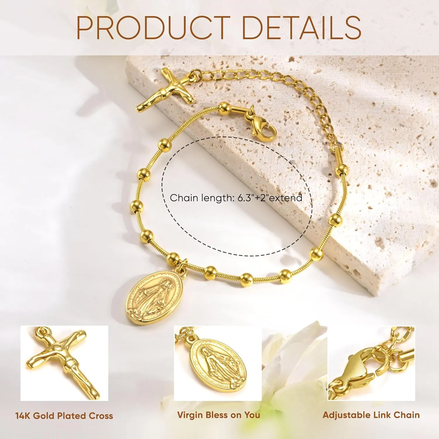 Women's Gold Virgin Mary Bracelet - 14k Gold Plated Rosary Bead Cross Bracelets,Hypoallergenic Non Tarnish Gold Religious Baptism Dainty Virgen de Guadalupe Bracelets,Catholic Jewelry Gifts for Her