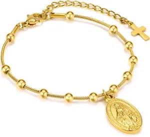Women's Gold Virgin Mary Bracelet - 14k Gold Plated Rosary Bead Cross Bracelets,Hypoallergenic Non Tarnish Gold Religious Baptism Dainty Virgen de Guadalupe Bracelets,Catholic Jewelry Gifts for Her