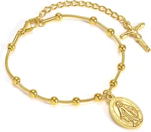 Women's Gold Virgin Mary Bracelet - 14k Gold Plated Rosary Bead Cross Bracelets,Hypoallergenic Non Tarnish Gold Religious Baptism Dainty Virgen de Guadalupe Bracelets,Catholic Jewelry Gifts for Her