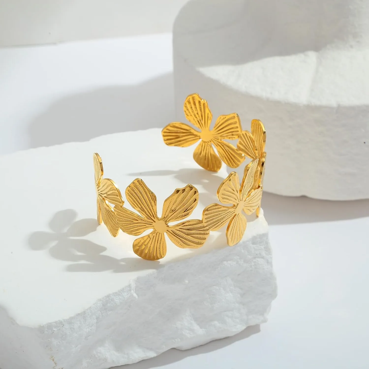 WOWORAMA Chunky Gold Cuff Bracelets for Women Vintage Gold Flower Butterfly Bracelet Trendy Boho Wide Open Cuff Bangles Matte Statement Bracelet