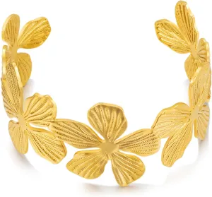 WOWORAMA Chunky Gold Cuff Bracelets for Women Vintage Gold Flower Butterfly Bracelet Trendy Boho Wide Open Cuff Bangles Matte Statement Bracelet