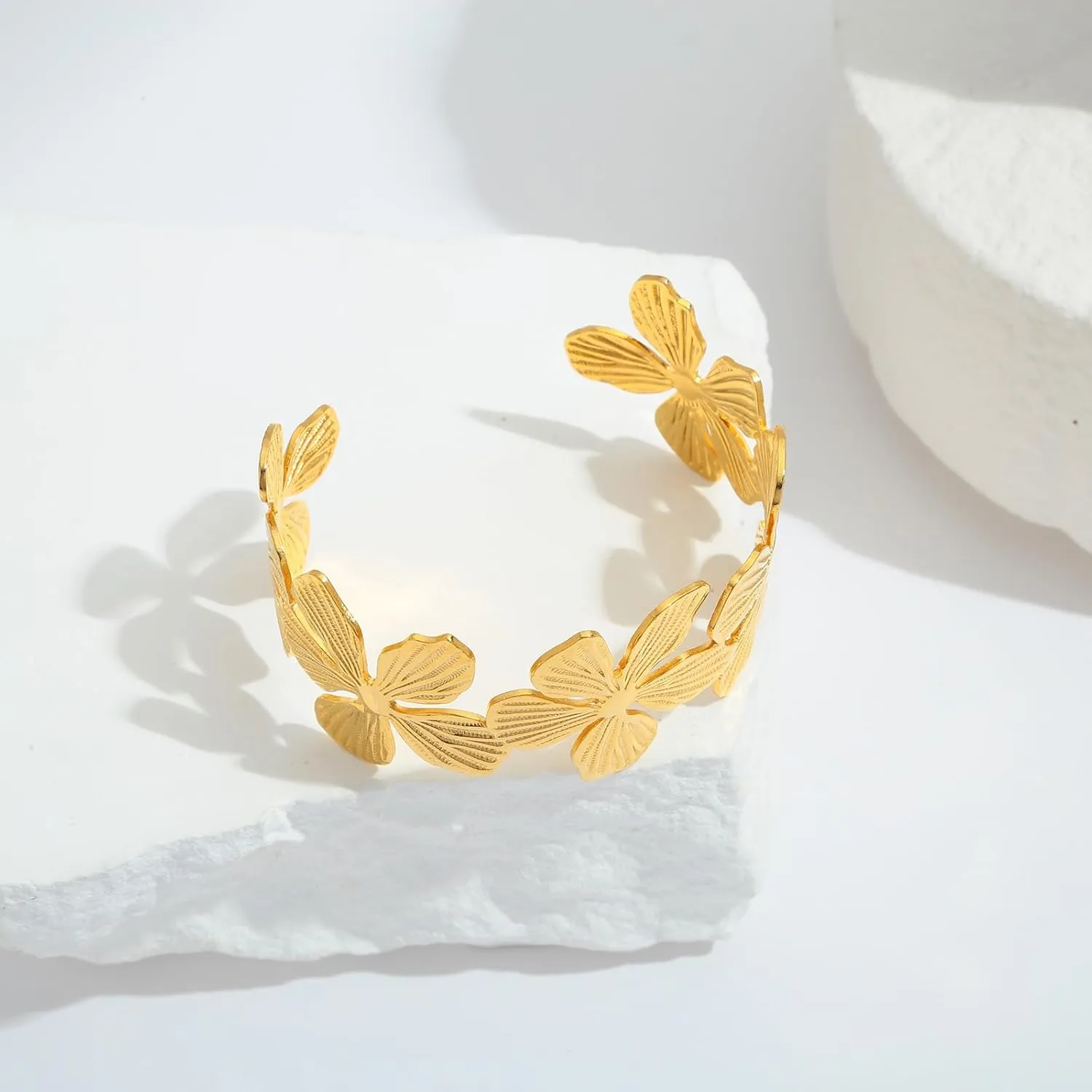 WOWORAMA Chunky Gold Cuff Bracelets for Women Vintage Gold Flower Butterfly Bracelet Trendy Boho Wide Open Cuff Bangles Matte Statement Bracelet