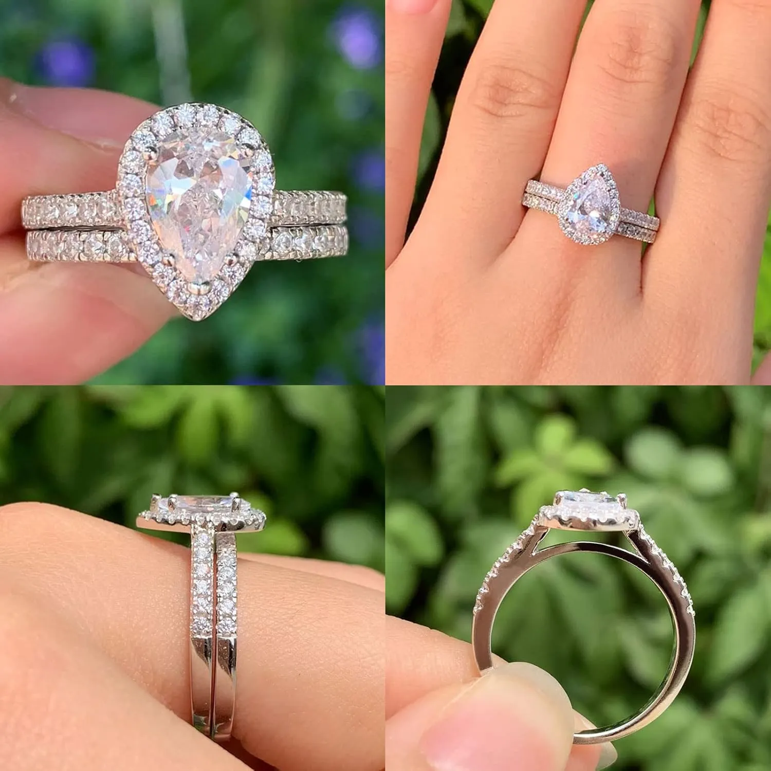Wuziwen 3Ct Pear Cut Wedding Band Bridal Ring Set for Women Engagement Gold Ring 925 Sterling Silver AAAAA CZ