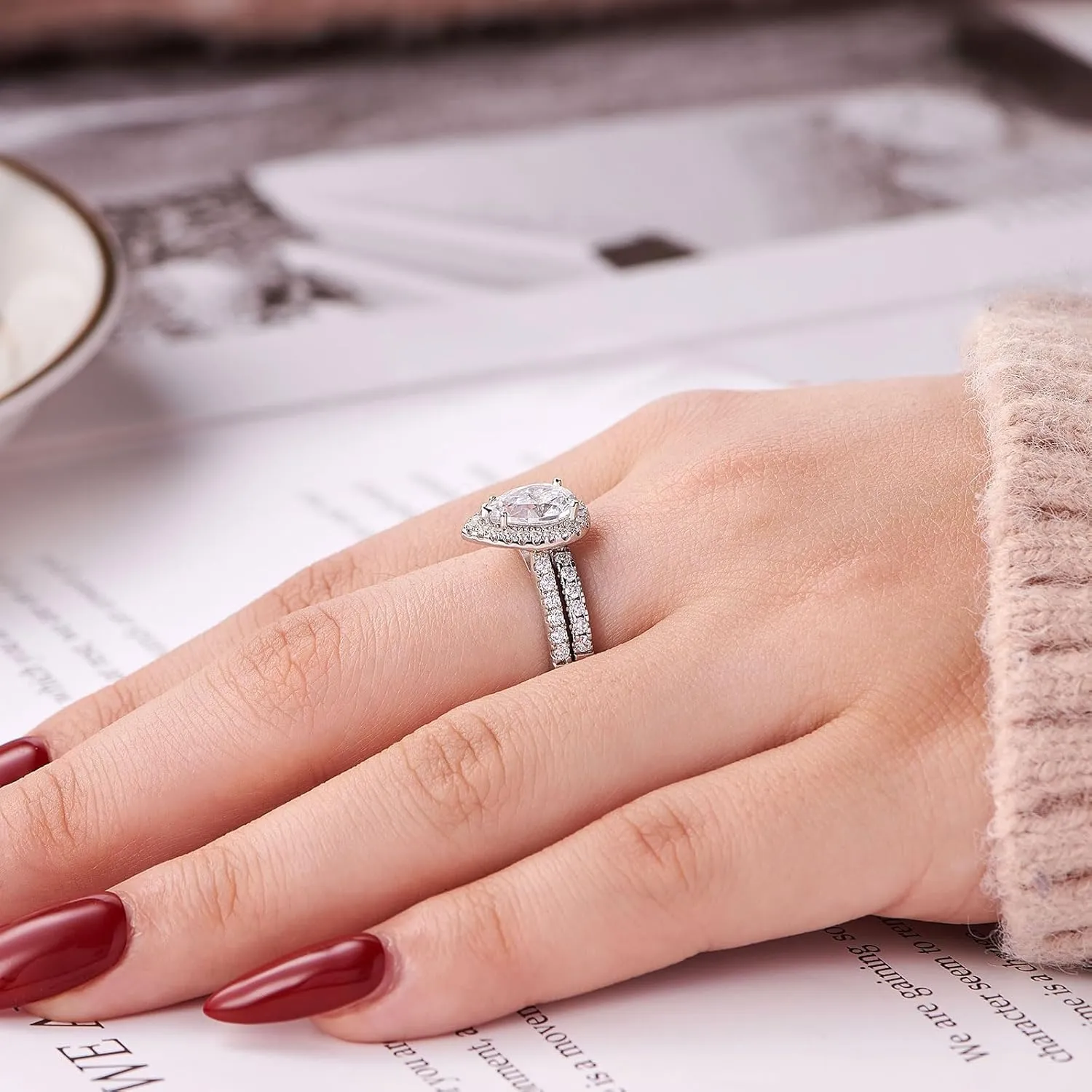 Wuziwen 3Ct Pear Cut Wedding Band Bridal Ring Set for Women Engagement Gold Ring 925 Sterling Silver AAAAA CZ