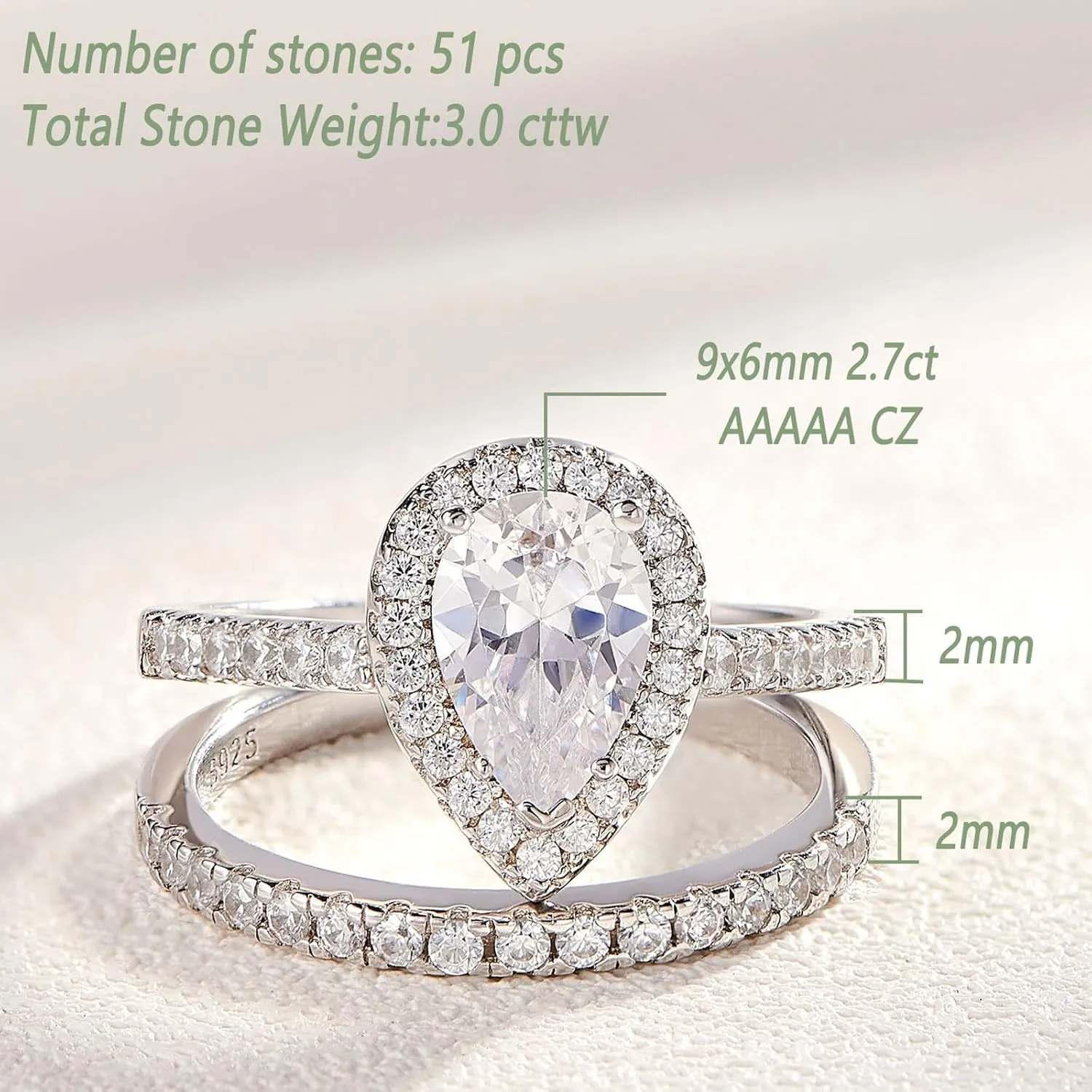 Wuziwen 3Ct Pear Cut Wedding Band Bridal Ring Set for Women Engagement Gold Ring 925 Sterling Silver AAAAA CZ