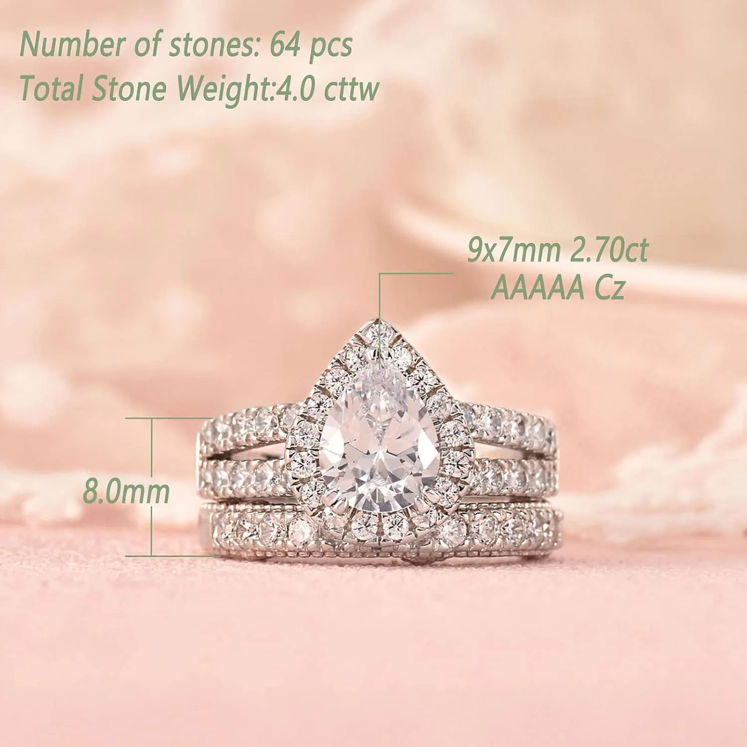 Wuziwen 4 Carats Wedding Engagement Ring Set for Women 925 Sterling Silver Cubic Zirconia Size 4-13