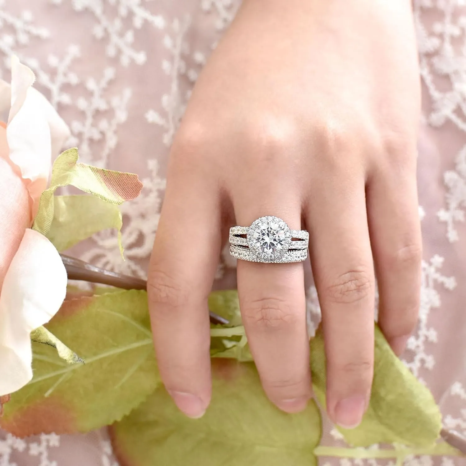 Wuziwen S925 4Ct Wedding Bridal Sets for Women Engagement Rings Wedding Band CZ Anniversary Ring