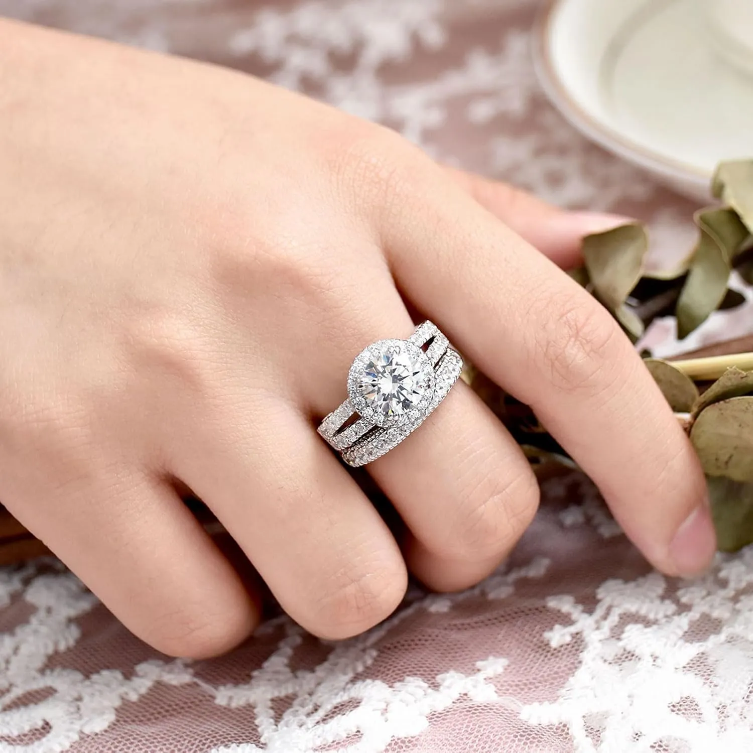 Wuziwen S925 4Ct Wedding Bridal Sets for Women Engagement Rings Wedding Band CZ Anniversary Ring