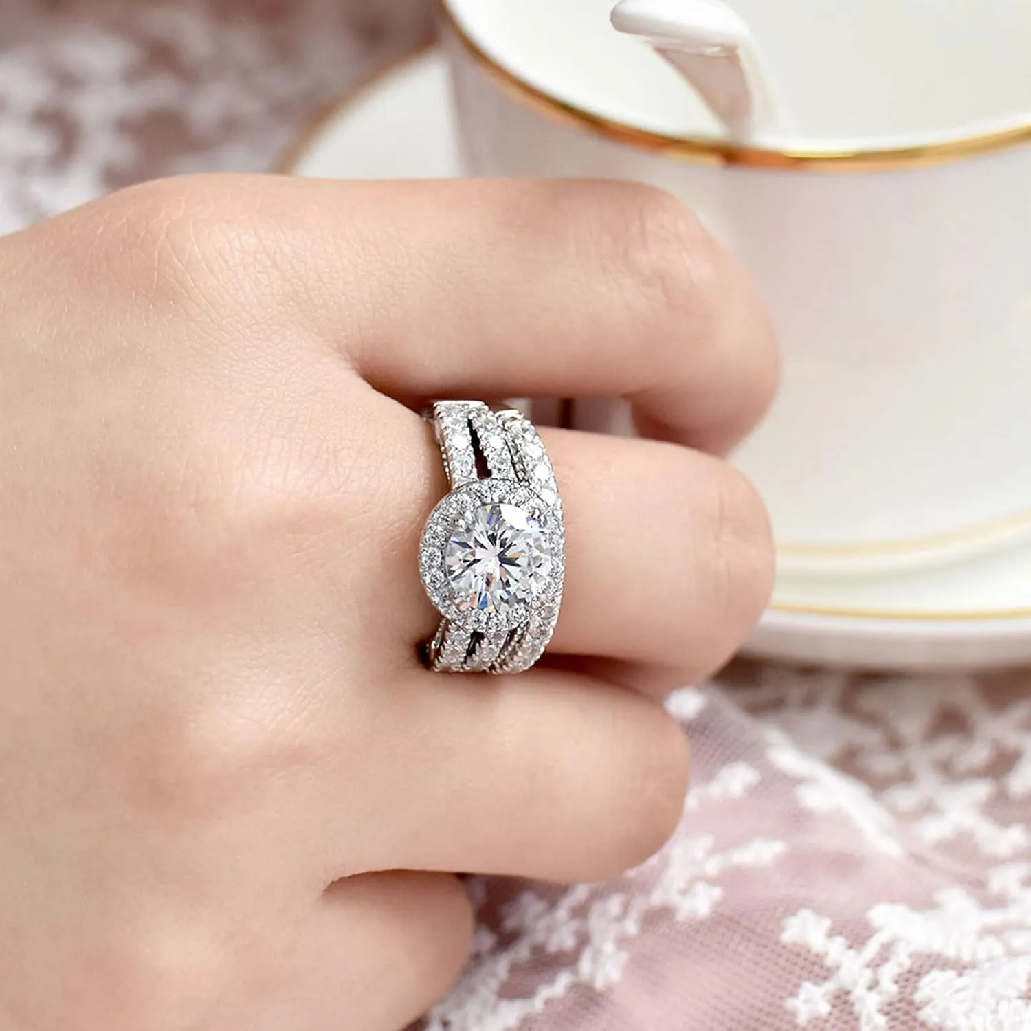 Wuziwen S925 4Ct Wedding Bridal Sets for Women Engagement Rings Wedding Band CZ Anniversary Ring