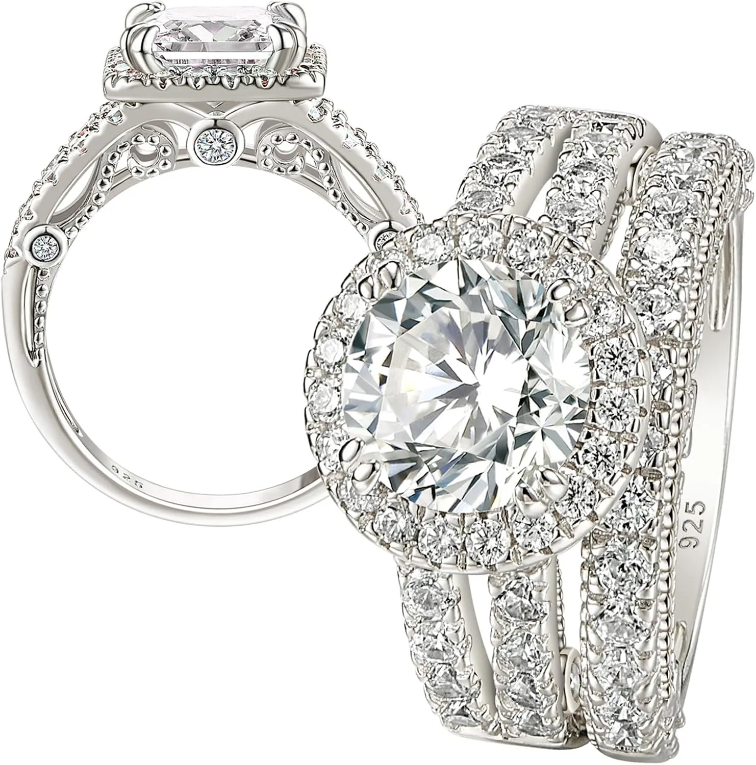 Wuziwen S925 4Ct Wedding Bridal Sets for Women Engagement Rings Wedding Band CZ Anniversary Ring