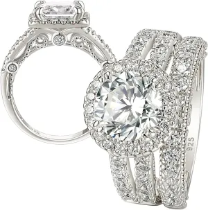Wuziwen S925 4Ct Wedding Bridal Sets for Women Engagement Rings Wedding Band CZ Anniversary Ring
