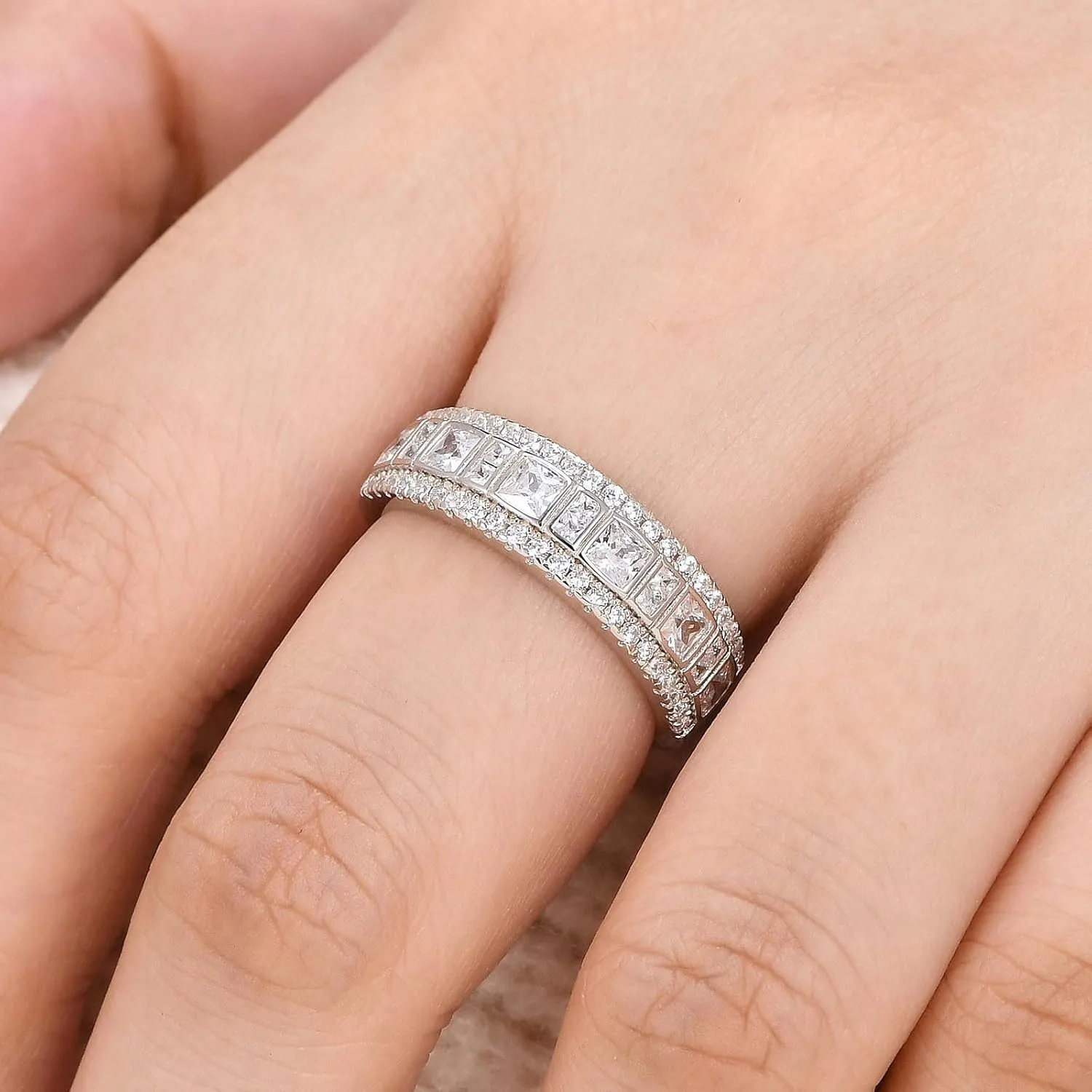 Wuziwen Sterling Silver Rings Anniversary Half Eternity Ring Wedding Band for Women Cubic Zirconia