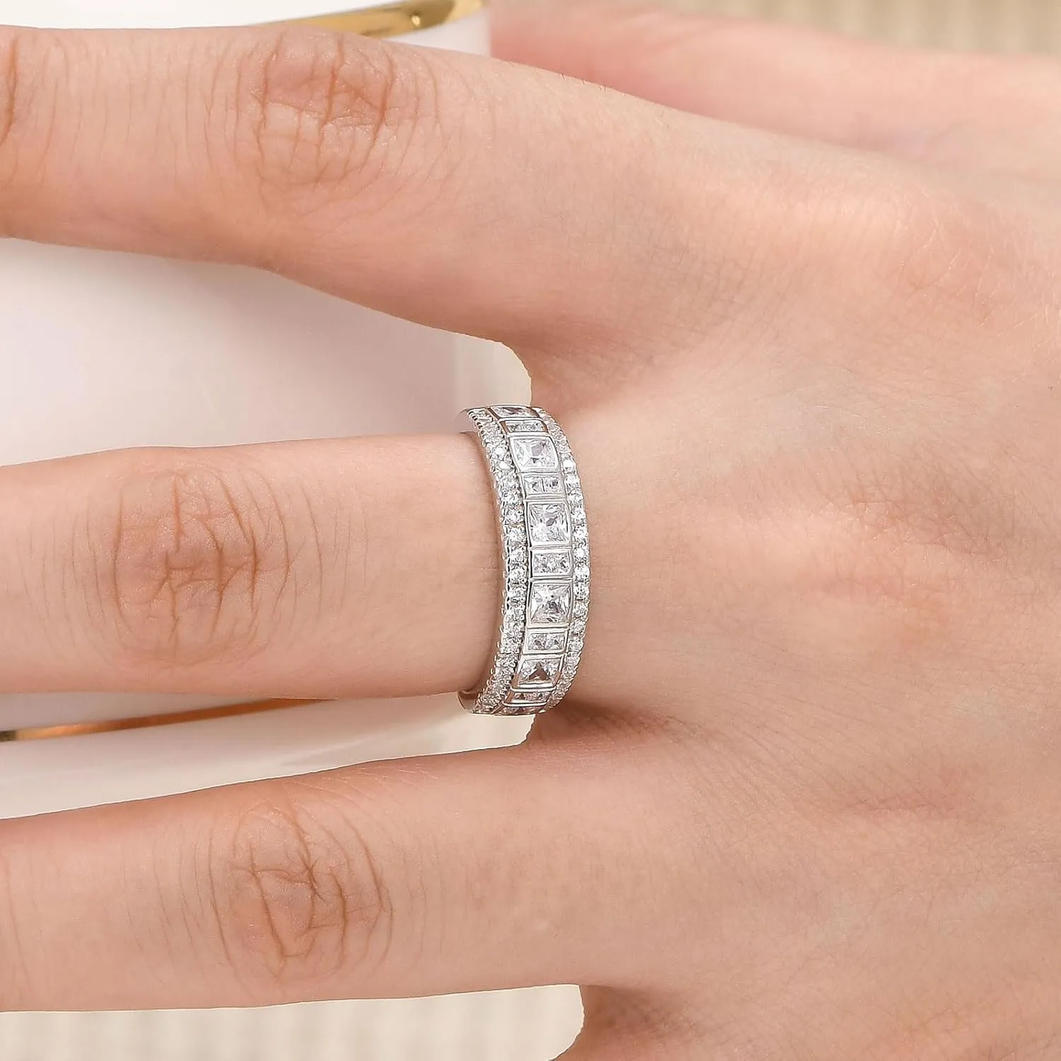 Wuziwen Sterling Silver Rings Anniversary Half Eternity Ring Wedding Band for Women Cubic Zirconia
