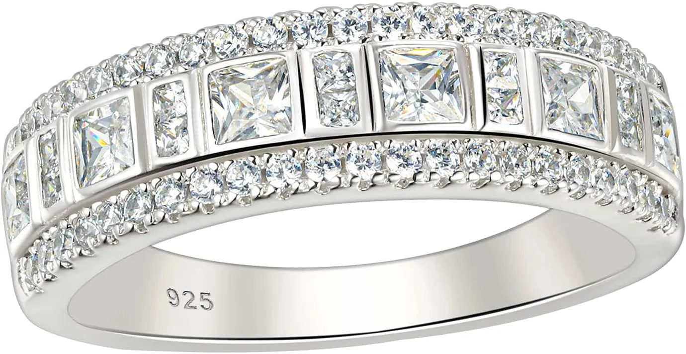Wuziwen Sterling Silver Rings Anniversary Half Eternity Ring Wedding Band for Women Cubic Zirconia