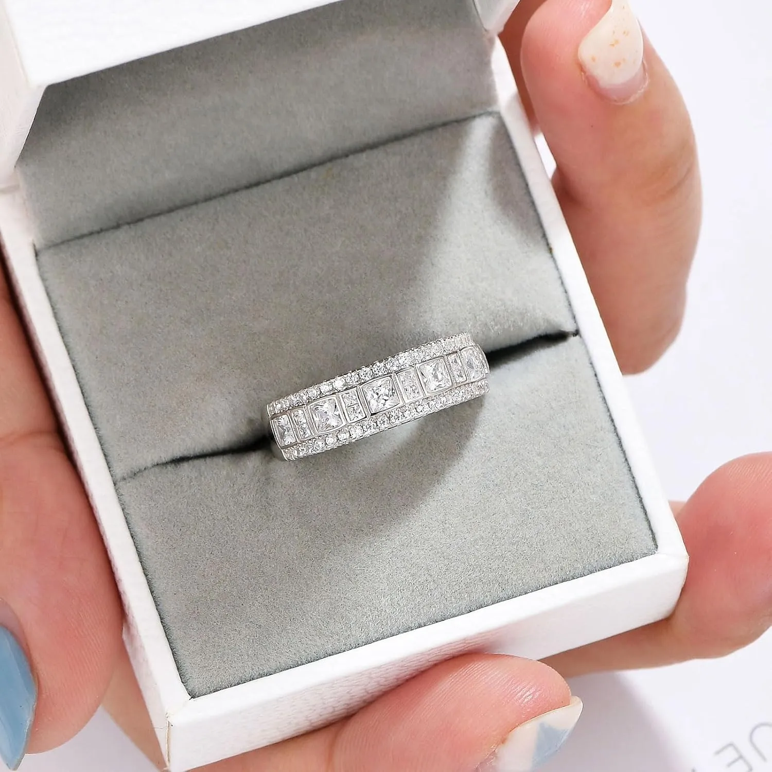 Wuziwen Sterling Silver Rings Anniversary Half Eternity Ring Wedding Band for Women Cubic Zirconia