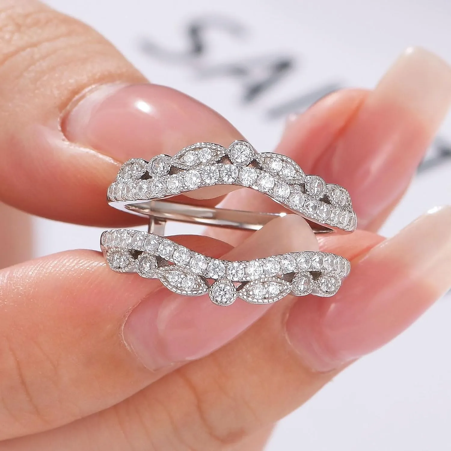 Wuziwen Vintage Wedding Bands for Women Curved Ring Enhancer for Engagement Rings Guard Wrap Stackable 925 Sterling Silver Cubic Zirconia