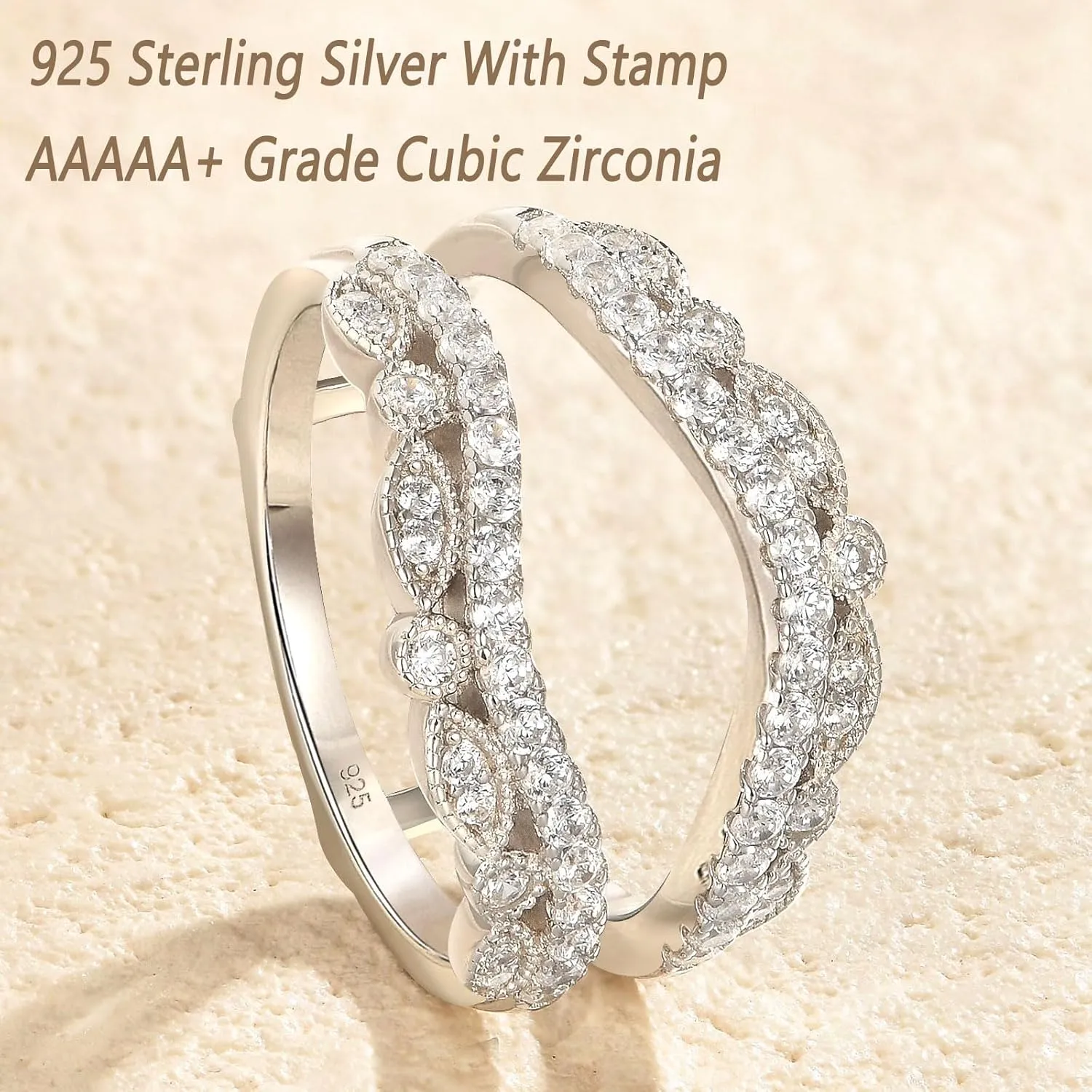 Wuziwen Vintage Wedding Bands for Women Curved Ring Enhancer for Engagement Rings Guard Wrap Stackable 925 Sterling Silver Cubic Zirconia